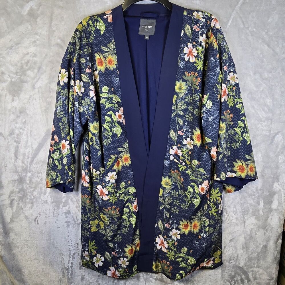 Next Outerware Kimono Cardigan M Navy Blue Floral Polyester 3/4 Sleeve
